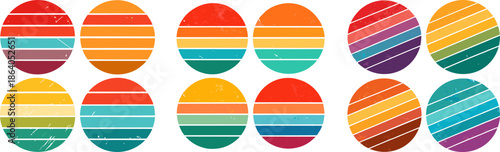 Vintage Rainbow Circle Icons – Striped Geometric Vector Shapes with Warm Retro Colors | Mid-Century Abstract Elements for Print, Web, and Creative Backgrounds