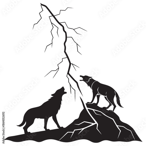 Two wolves howling at lightning bolt dogs animals