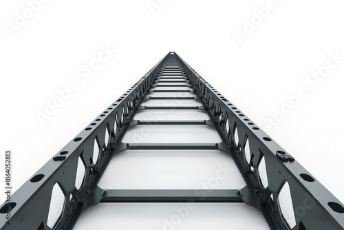 3d black steel ladder from below perspective on white background, close-up view for industrial and construction applications