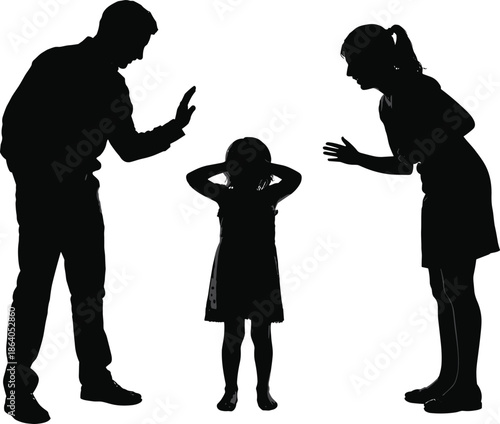 Parents arguing in front of child silhouette, family conflict stress parenting problem isolated on white background emotional relationship concept illustration
