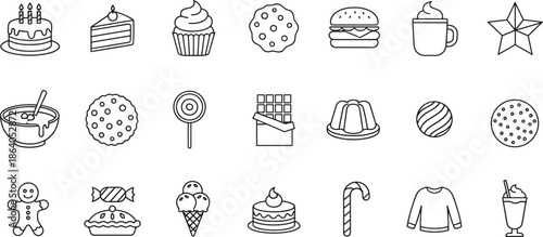 Dessert and sweets line icon set with cake cupcake cookie burger chocolate ice cream and candy symbols.