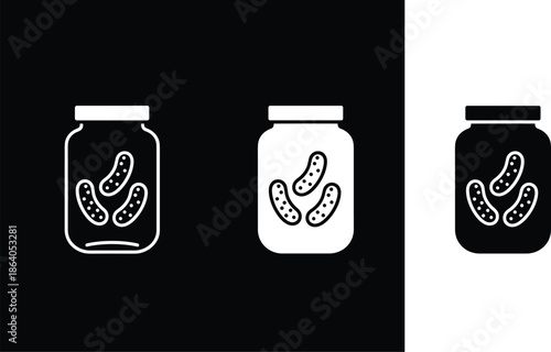 Pickled cucumber jar icon set with fermented vegetables in glass jars minimalist outline and solid flat vector design.