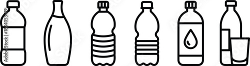 Plastic water bottle line icon set with various shapes mineral water containers and glass for healthy hydration design.