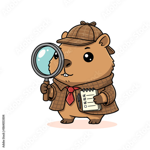 Cute Cartoon Detective Animal Character with Magnifying Glass and Notepad