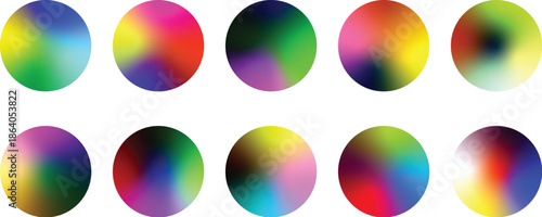 Rounded holographic gradient sphere button. Multicolor green purple yellow orange pink cyan fluid circle gradients, colorful soft round buttons or vivid color spheres flat vector set