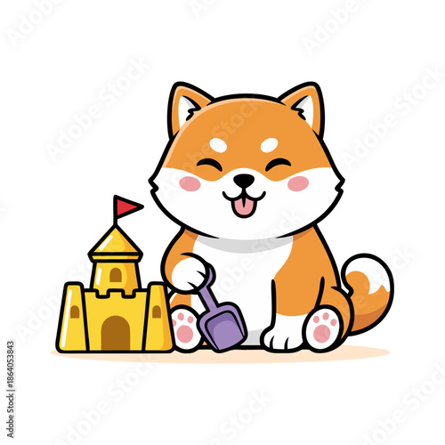 Happy Shiba Inu Puppy Playing with Sandcastle and Shovel Summer Fun Illustration