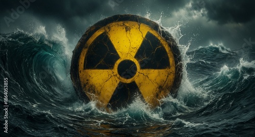 radioactive hazard symbol submerged in stormy ocean waves with splashing water and dramatic lighting.