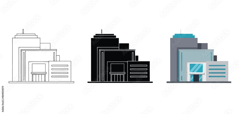 Fototapeta premium Modern Office Buildings Vector Set in Three Styles — Line Art, Silhouette and Color Version for Real Estate, Architecture and Property Design