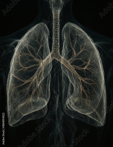 detailed human lungs anatomy illustration with bronchial tree against dark background.