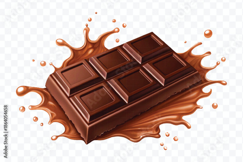 realistic 3d dark chocolate bar with chocolate cream splash in different style isolated on transparent background
