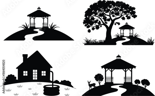 Campfire dance silhouette pattern with four joyful figures in repeated festive poses for celebration, unity, and outdoor themes.