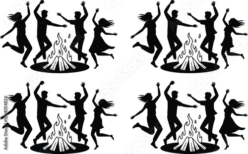 Campfire celebration silhouette pattern with dancing figures in festive poses for outdoor, cultural, and unity themes.