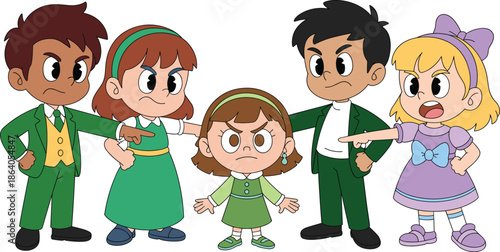Cartoon children conflict illustration with pointing fingers and angry expressions for emotion, bullying, and social awareness themes.