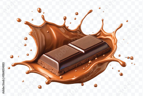 realistic 3d dark chocolate bar with chocolate cream splash in different style isolated on transparent background