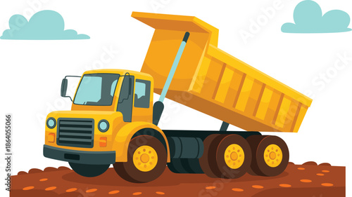 Dump truck illustration with raised bed, dirt surface, and stylized clouds for construction, transportation, and industrial themes.