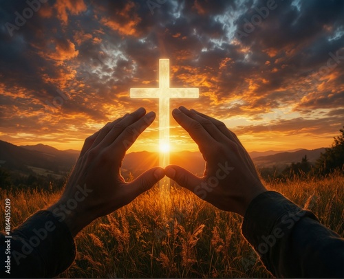 praying hands forming a cross silhouette against a vibrant sunset over a golden field and mountain landscape.