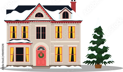 Festive winter house illustration with snow, wreath door, and evergreen tree for holiday, seasonal, and cozy home themes.