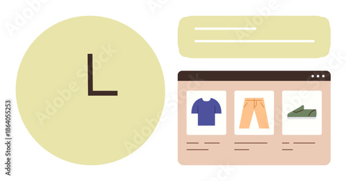 Online shopping, e-commerce, digital stores, fashion retail, shopping process, timing. A browser window displays clothing items with a clock. Online shopping and e-commerce ideas illustrated