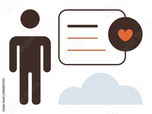 Communication, emotional health, digital interaction, cloud storage, personal connection, online services. Icon showing a person, speech bubble with heart and cloud. Communication and emotional