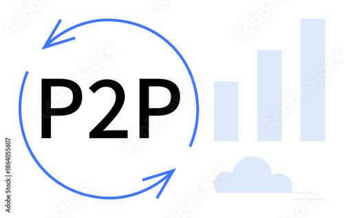 Peer-to-peer network concept. P2P with circular arrow for data sharing and cloud connectivity. Peer-to-peer solutions in networking, finance, technology, collaboration, cloud