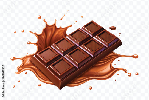 realistic 3d dark chocolate bar with chocolate cream splash in different style isolated on transparent background