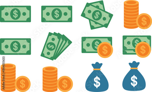Money and currency illustration set with bills, coins, and money bags for finance, savings, and wealth accumulation themes.