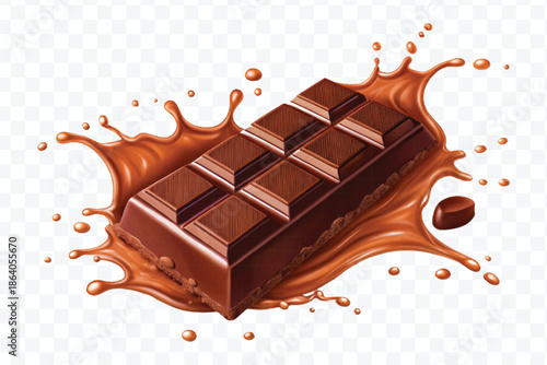 realistic 3d dark chocolate bar with chocolate cream splash in different style isolated on transparent background