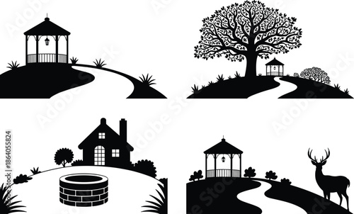 Scenic landscape silhouette set with gazebo, tree, house, deer, and well for nature, peace, and outdoor themes.