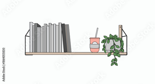 Minimalist interior decoration featuring a wooden floating shelf with books, a takeaway coffee cup, and a green hanging plant.