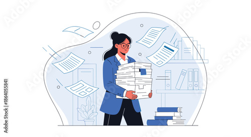 Overwhelmed business woman carrying a massive stack of papers and folders through an office while more documents fly around.