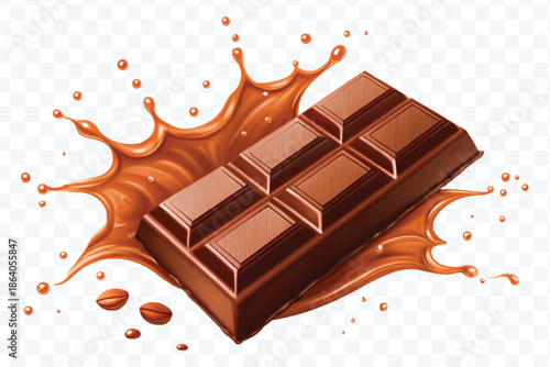 realistic 3d dark chocolate bar with chocolate cream splash in different style isolated on transparent background