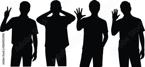 Silhouette gesture illustration set with peace sign, counting fingers, and ear-covering pose for emotion and communication themes.