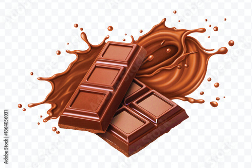 realistic 3d dark chocolate bar with chocolate cream splash in different style isolated on transparent background