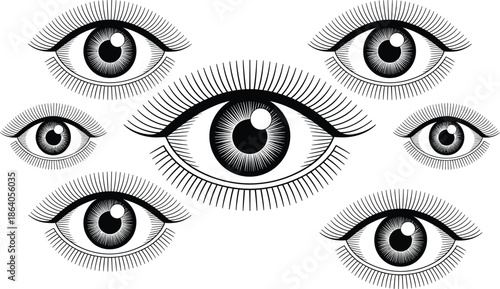 Stylized human eye illustration set with symmetrical layout, lashes, and highlights for awareness, observation, and artistic themes.