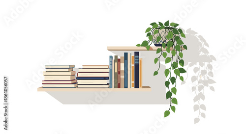 Modern interior design featuring two light wooden shelves with books and a lush green hanging ivy plant casting a shadow.