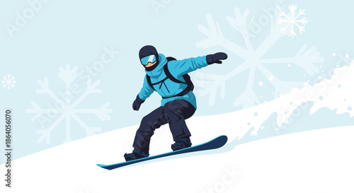 Talented snowboarder sliding down a steep snowy mountain slope during a sunny winter day with snowflakes in the background.