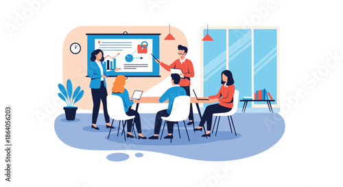Professional team having a business meeting in a modern office with a presentation board showing financial charts.
