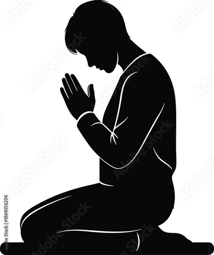 Kneeling praying man silhouette expressing faith spirituality devotion meditation hope peace worship vector illustration isolated black design art concept symbol