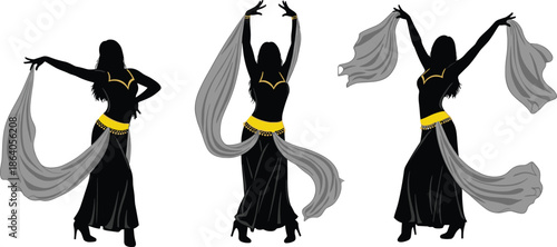 Belly dance woman silhouettes with flowing veils in elegant poses showing rhythm movement culture grace performance vector illustration isolated design