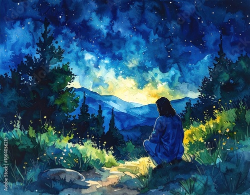 Watercolor painting of a person sitting gazing at starry night mountains. Jesus praying in the Garden of Gethsemane at night, watercolor technique.