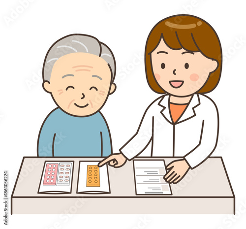 薬の説明をする若い女性薬剤師と患者のおばあさん