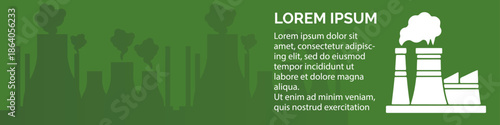 A green banner with a white industrial factory icon emitting smoke, accompanied by placeholder text and subtle background silhouettes of industrial structures.