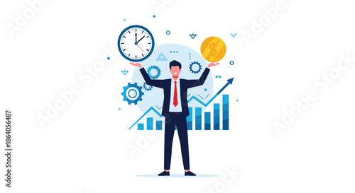 Successful businessman balancing time and money while standing in front of business growth charts and mechanical gear elements.
