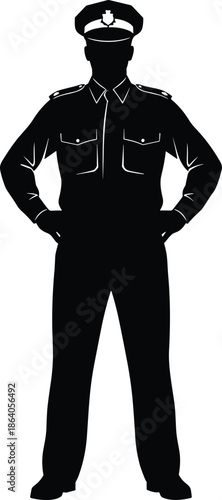 Police officer silhouette standing confidently representing law enforcement authority public safety security protection uniform vector illustration isolated black design concept