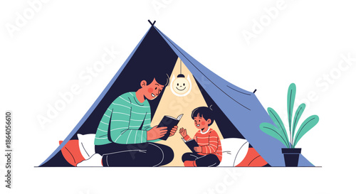Caring father and young son enjoying quality time together while reading storybooks inside a cozy blue camping tent at home.