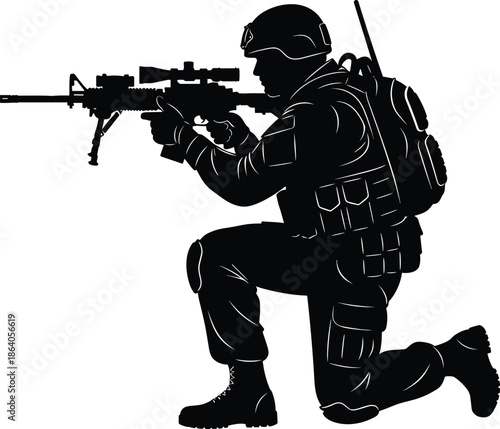 Tactical soldier silhouette kneeling and aiming rifle representing modern military combat security special forces vector illustration isolated black design artwork