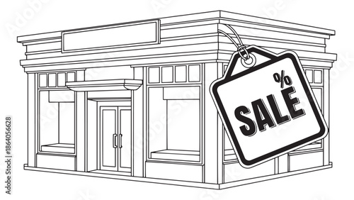 Black and white line art vector illustration of a classic bank or storefront building with a hanging sale price tag representing commercial property discounts and retail offers