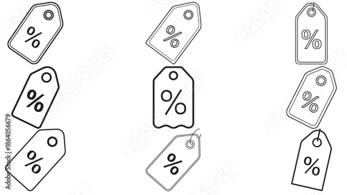 Minimalist black and white line art vector illustration of a retail price tag with a percentage symbol for discount sales marketing promotions and shopping offers