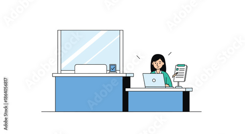 Professional female receptionist working on a laptop at a modern service desk with a glass partition and document holder.