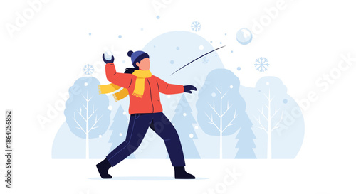Young person wearing winter clothes throwing a snowball during a fun outdoor activity in a snowy forest with pine trees.